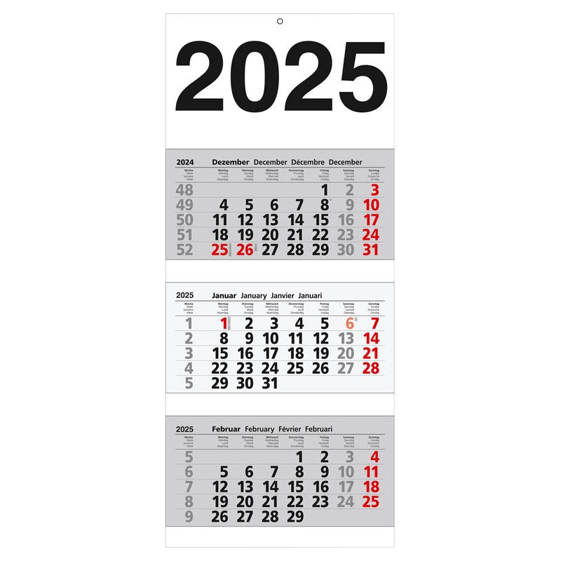 3-Monats-Wandkalender 2025, weiß/grau