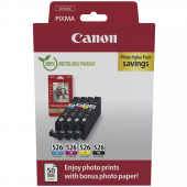  Original Canon CLI-526 + 10x15 cm Fotopapier 50 Blatt 4540 B 019 Tintenpatrone MultiPack Bk,C,M,Y + Fotopapier 10x15cm 50 Blatt Blister (ca. 450 Seiten) 