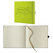  Notizbuch Storytelling von Lediberg, quadratisch, kariert, lemongreen 