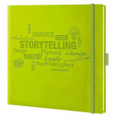  Notizbuch Storytelling von Lediberg, quadratisch, kariert, lemongreen 