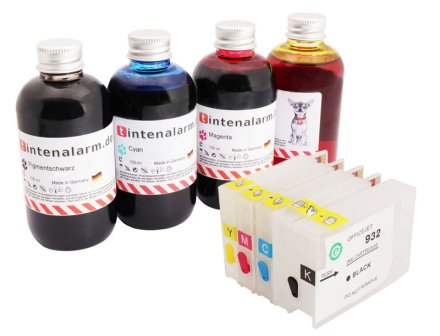 400 ml Set Nachfülltinte pigmentiert von tintenalarm.de mit leicht befüllbaren Auto-Reset-Patronen für HP 932 und 933 Serie