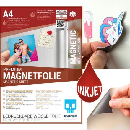 Premium DIY Magnetfolie weiß bedruckbar bemalbar bestempelbar - für Inkjet Tintenstrahldrucker (A4-10 Blatt) SKULLPAPER
