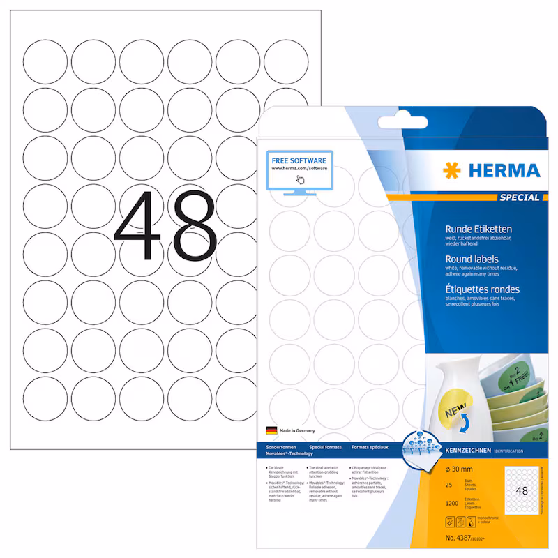  HERMA Etiketten 4387 weiß 30,0 x 30,0 mm, 25 Blatt 