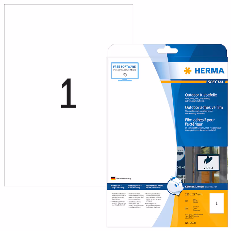  HERMA Folien-Kraftklebe-Etiketten 9500 weiß 210,0 x 297,0 mm, 10 Blatt 