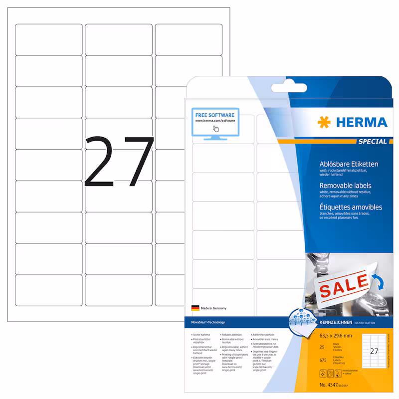  HERMA Etiketten 4347 weiß 63,5 x 29,6 mm, 25 Blatt 