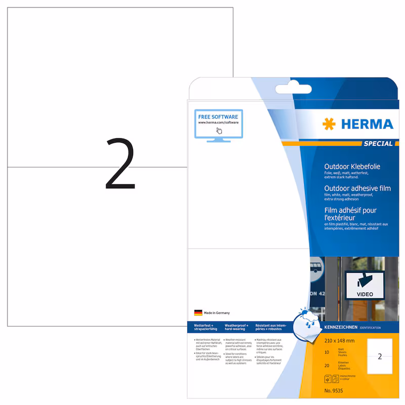  HERMA Folien-Kraftklebe-Etiketten 9535 weiß 210,0 x 148,0 mm, 10 Blatt 