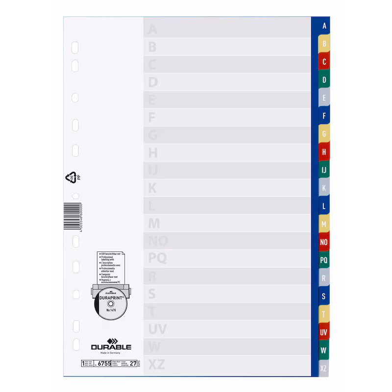  DURABLE Ordnerregister DIN A4 Vollformat A-Z blau, gelb, rot, grün, grau 20-teilig, 1 Satz 