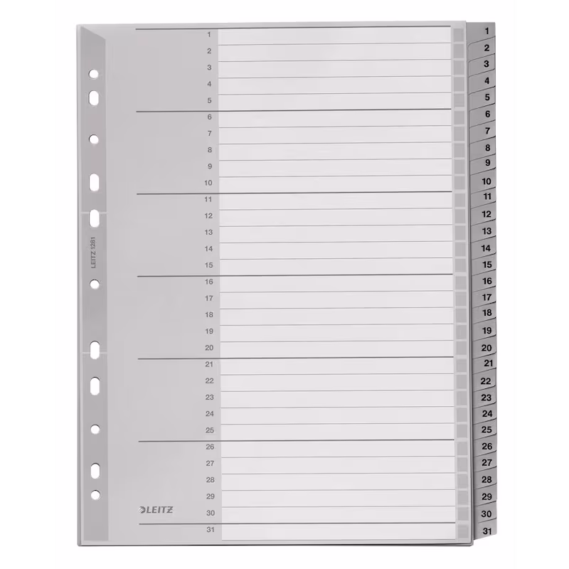  LEITZ Ordnerregister 1281 DIN A4 Vollformat, Überbreite 1-31 grau 31-teilig, 1 Satz 
