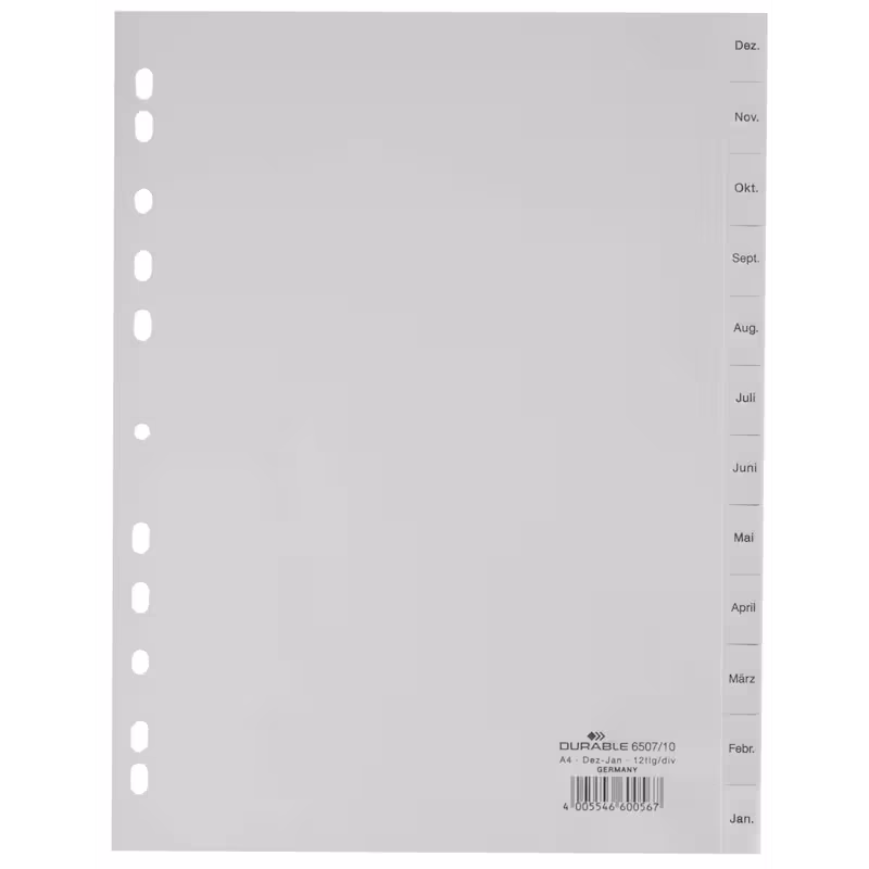  DURABLE Ordnerregister DIN A4 Vollformat Dez.-Jan. grau 12-teilig, 1 Stück 
