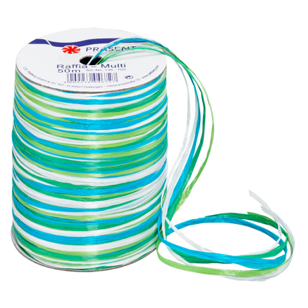 PRÄSENT Geschenkband Raffia matt blau/grün/weiß 3,0 mm x 50,0 m