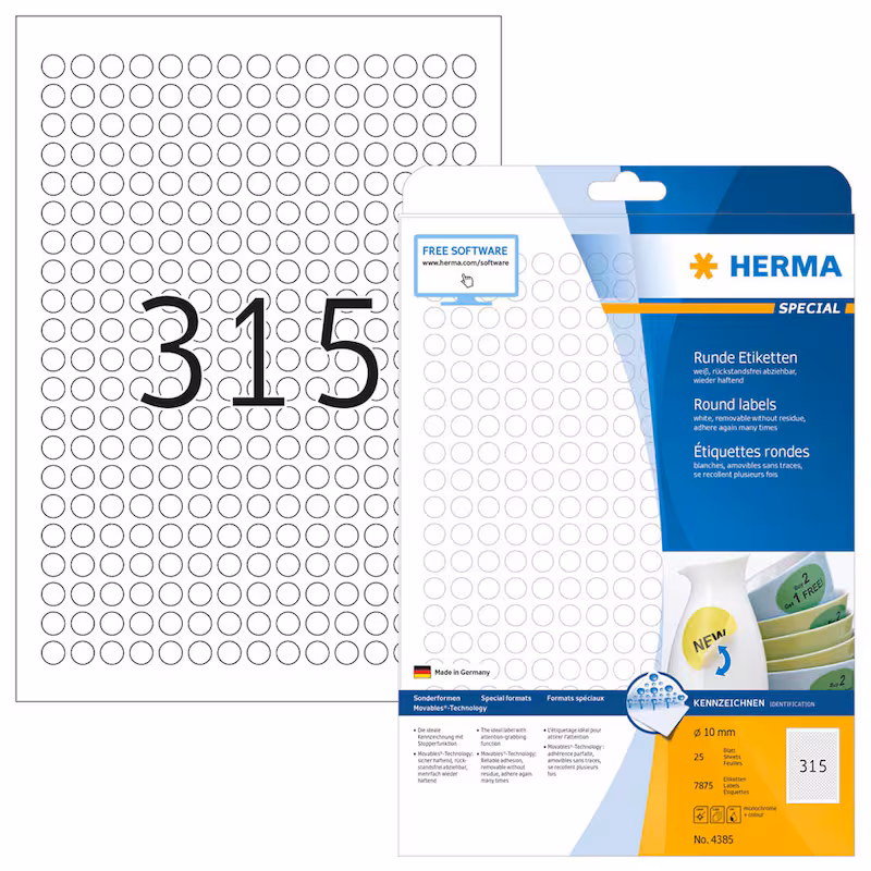  HERMA Etiketten 4385 weiß 10,0 x 10,0 mm, 25 Blatt 