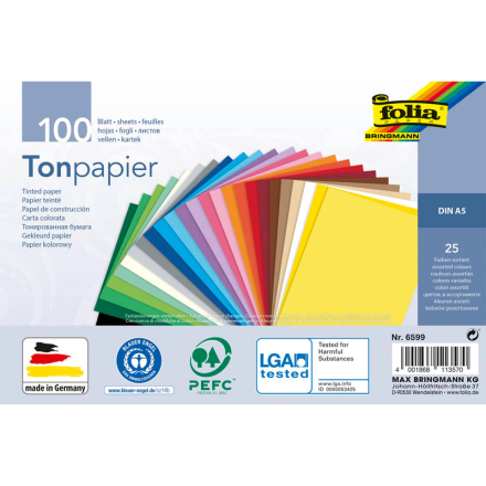 folia Tonpapier farbsortiert 130 g/qm 100 Blatt   DIN A5