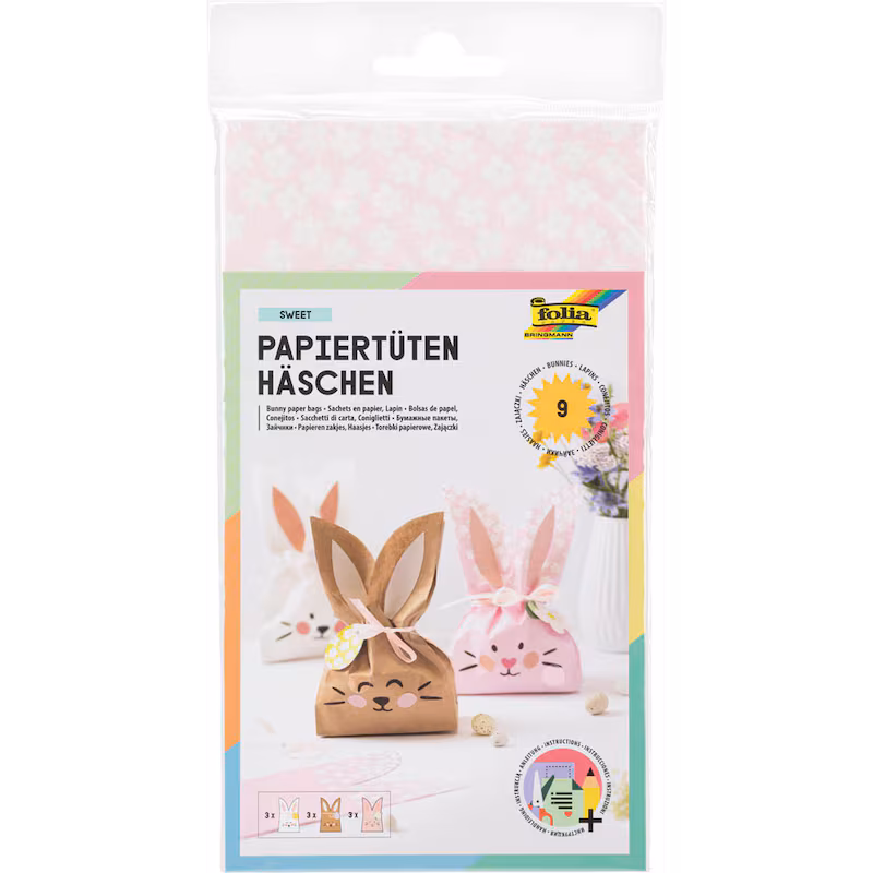  folia Bastelset Papiertüten-Set Häschen braun/rosa/weiß 9 Stück 