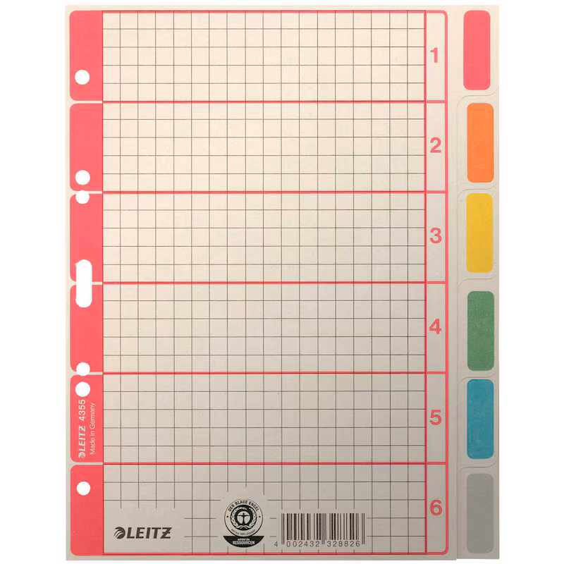  LEITZ Ordnerregister DIN A4 Vollformat 1-6 grau, farbig 6-teilig, 1 Satz 