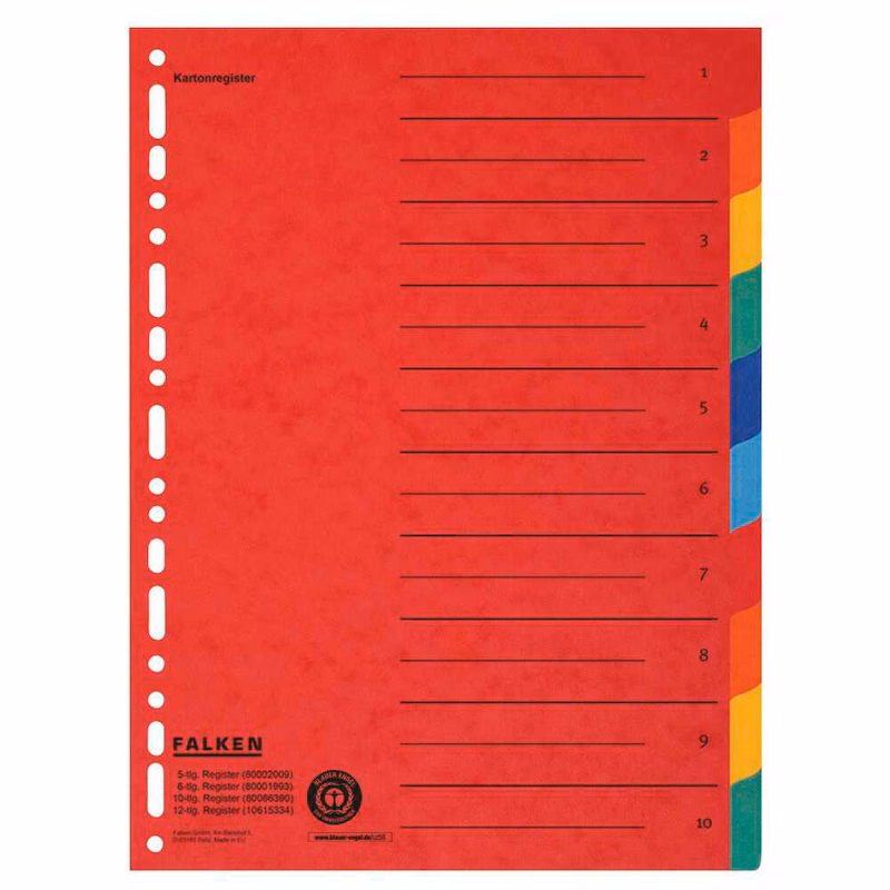  FALKEN Ordnerregister DIN A4 Vollformat blanko farbig 10-teilig, 1 Satz 