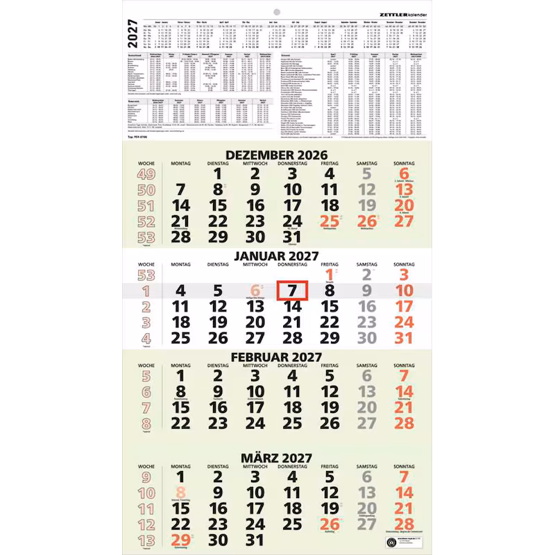  4-Monats-Wandkalender 2027 von ZETTLER KALENDER, grau/grün 