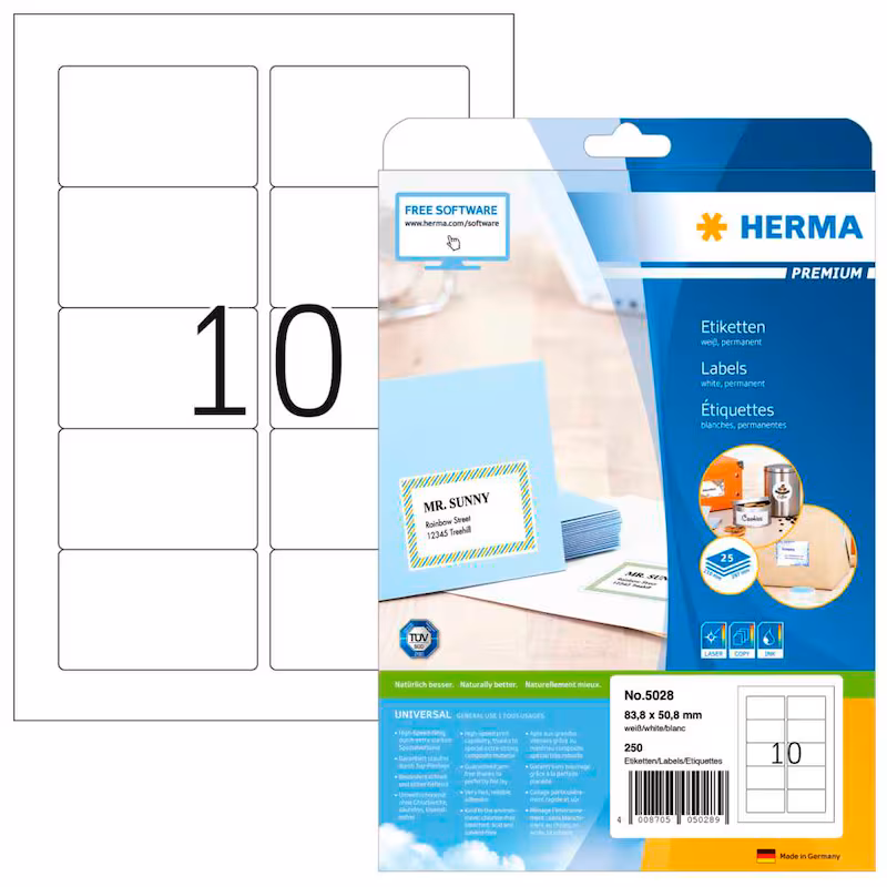  HERMA Etiketten 5028 weiß 83,8 x 50,8 mm, 25 Blatt 