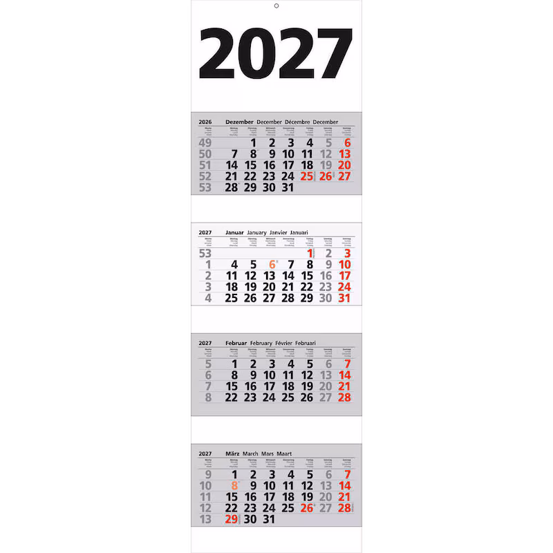  4-Monats-Wandkalender 2027, weiß/grau 