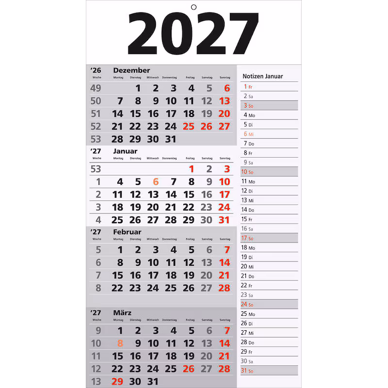  3 4-Monats-Wandkalender Memo-Planer 2027, weiß/grau 