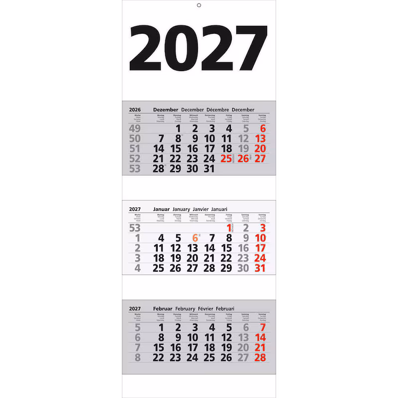  3-Monats-Wandkalender 2027, weiß/grau 